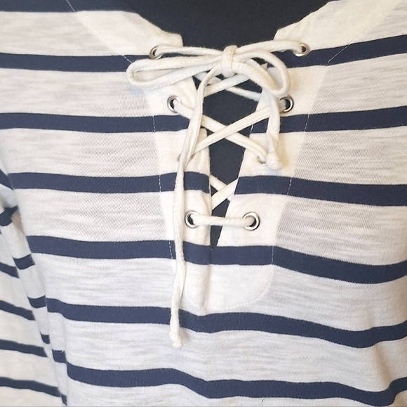 Tommy Hilfiger navy & ivory striped lace up pullover sz S/P #1447 - Picture 3 of 9